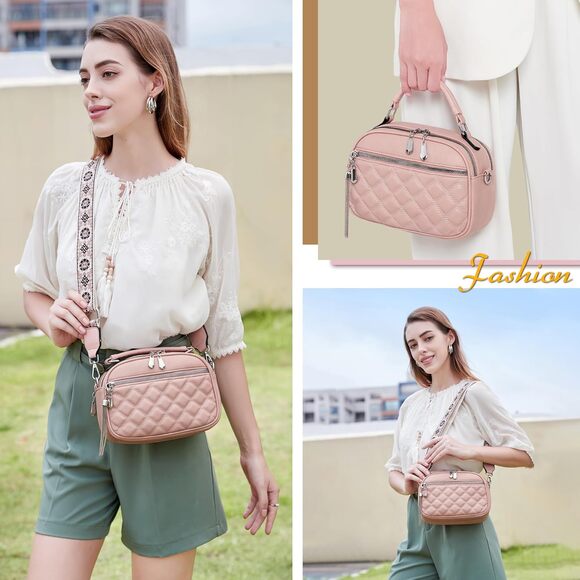 NEW Quilted Pink Crossbody Bag | Top Handle Purse w/ Boho Strap - Picture 2 of 6